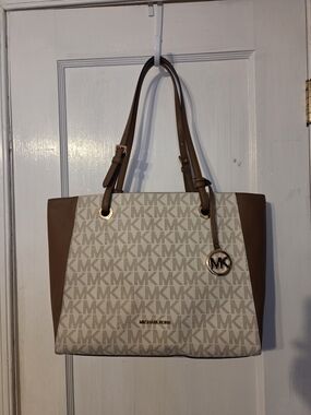 Michael Kors Cream & Brown Signature Tote with Gold Hardware